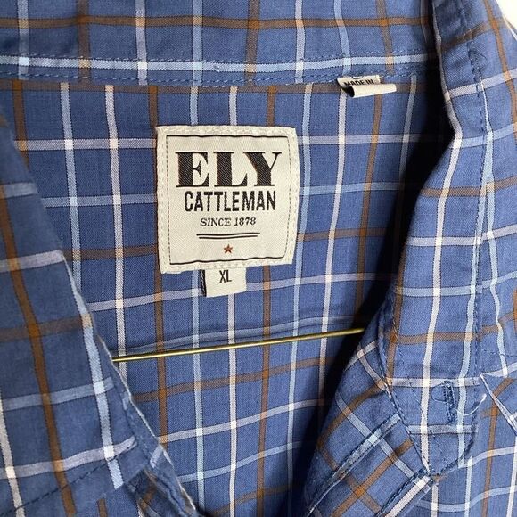 Mens Ely Cattleman Short sleeved‎ pearl snap plaid western shirt XL - Picture 2 of 6